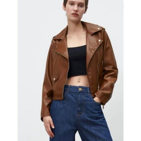 Zara Faux Leather Brown Biker Jacket Size X-Small - Picture 1 of 5